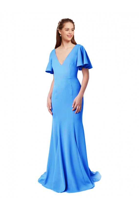 Discount Short Sleeves Peacock Blue V-Back Mermaid Sheath V-Neck Prom Dress Canada