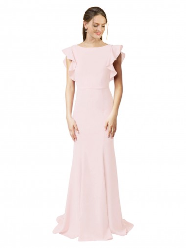 Discount Ruffle Sleeves Pink V-Back Mermaid Sheath Jewel Neck Black Tie Prom Dress Canada