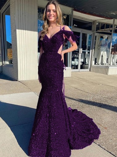 Discount Sleeveless Plum Purple Sheath Spaghetti Straps Prom Dress Canada