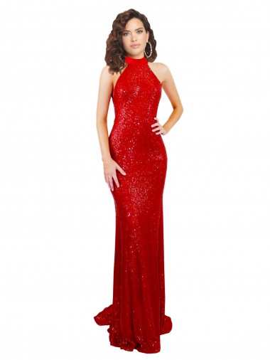 Discount Sleeveless Red Open Back Mermaid High Neck Sequin Prom Dress Canada