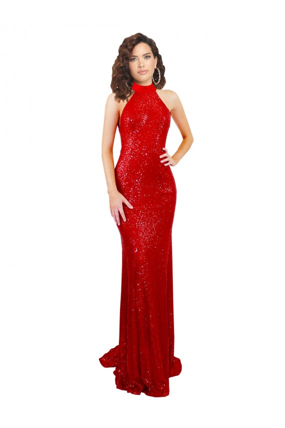 Discount Sleeveless Red Open Back Mermaid High Neck Sequin Prom Dress Canada