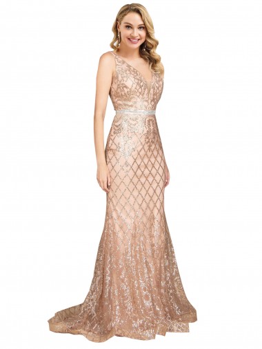 Discount Sleeveless Rose Gold V-Back Mermaid V-Neck Plus Size Formal Prom Dress Canada