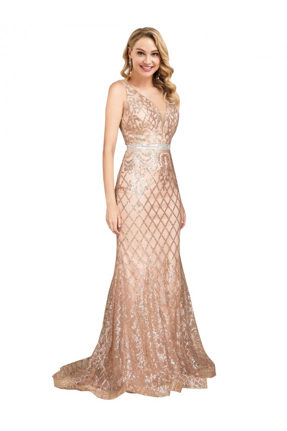 Discount Sleeveless Rose Gold V-Back Mermaid V-Neck Plus Size Formal Prom Dress Canada