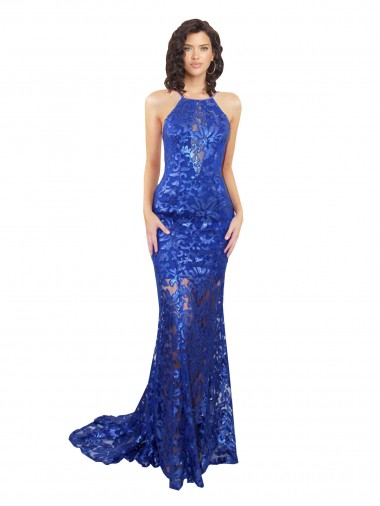 Discount Sleeveless Royal Blue Open Back Mermaid High Neck Prom Dress Canada
