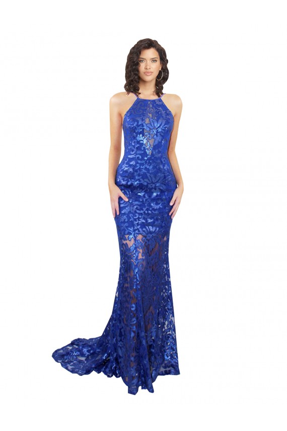 Discount Sleeveless Royal Blue Open Back Mermaid High Neck Prom Dress Canada