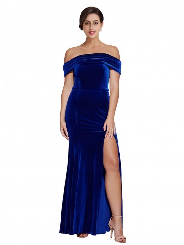 Discount Sleeveless Royal Blue Mermaid Off the Shoulder Stretch Velvet Prom Dress Canada