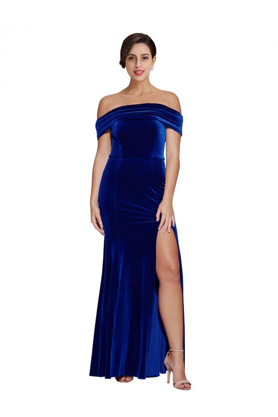 Discount Sleeveless Royal Blue Mermaid Off the Shoulder Stretch Velvet Prom Dress Canada
