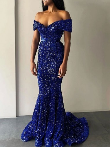 Discount Sleeveless Royal Blue Mermaid Off the Shoulder Prom Dress Canada