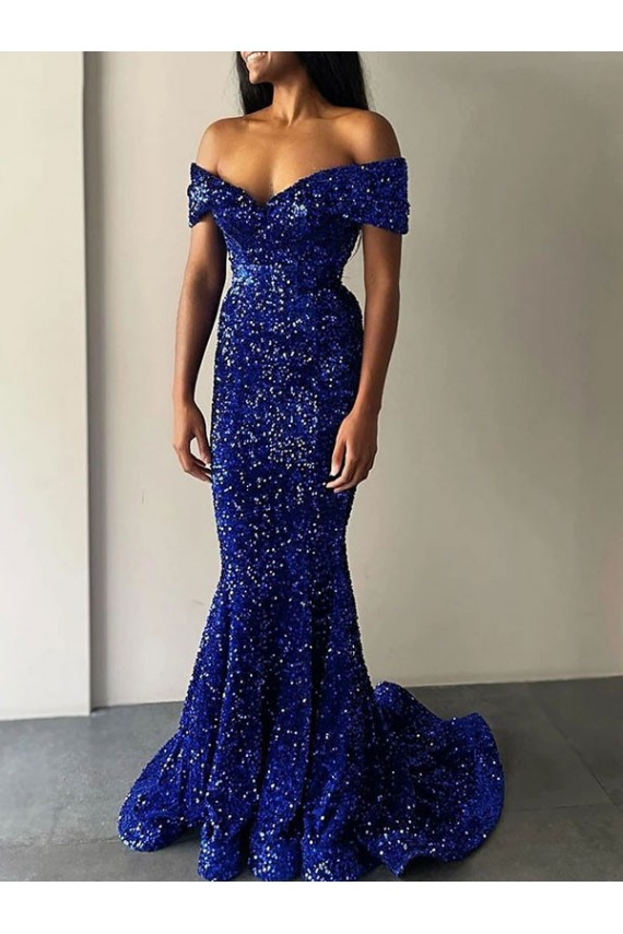 Discount Sleeveless Royal Blue Mermaid Off the Shoulder Prom Dress Canada