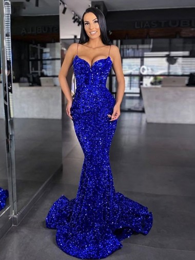 Discount Sleeveless Royal Blue Mermaid Spaghetti Straps Prom Dress Canada