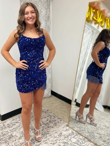 Discount Sleeveless Royal Blue Sheath Spaghetti Straps Velvet Sequin Prom Dress Canada