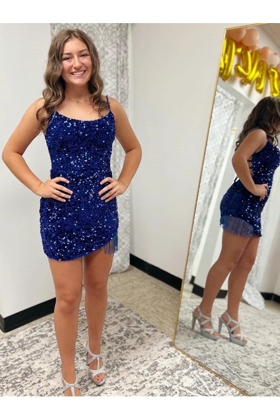 Discount Sleeveless Royal Blue Sheath Spaghetti Straps Velvet Sequin Prom Dress Canada