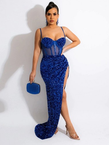 Discount Sleeveless Royal Blue Sweep Train Sheath Spaghetti Straps Velvet Sequin Prom Dress Canada