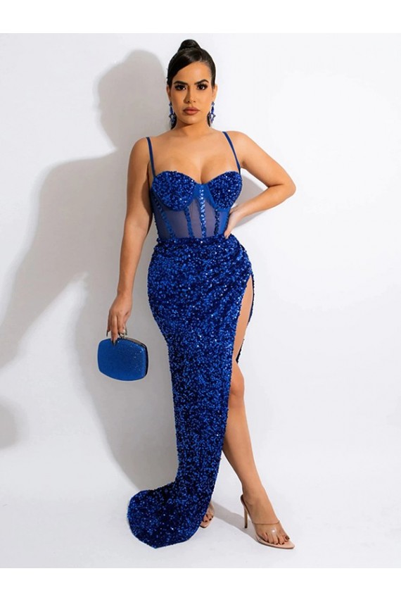 Discount Sleeveless Royal Blue Sweep Train Sheath Spaghetti Straps Velvet Sequin Prom Dress Canada