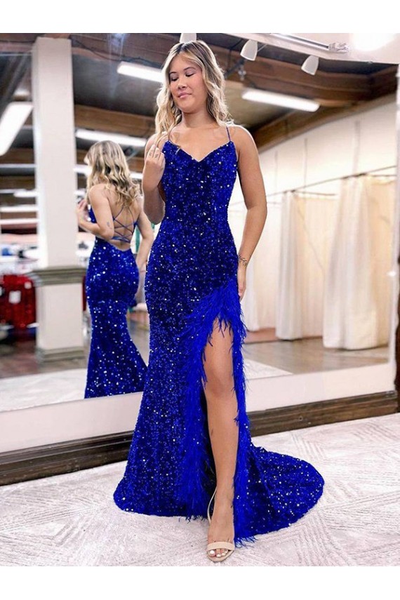 Discount Sleeveless Royal Blue High Side Slit Sheath V-Neck Velvet Sequin Prom Dress Canada