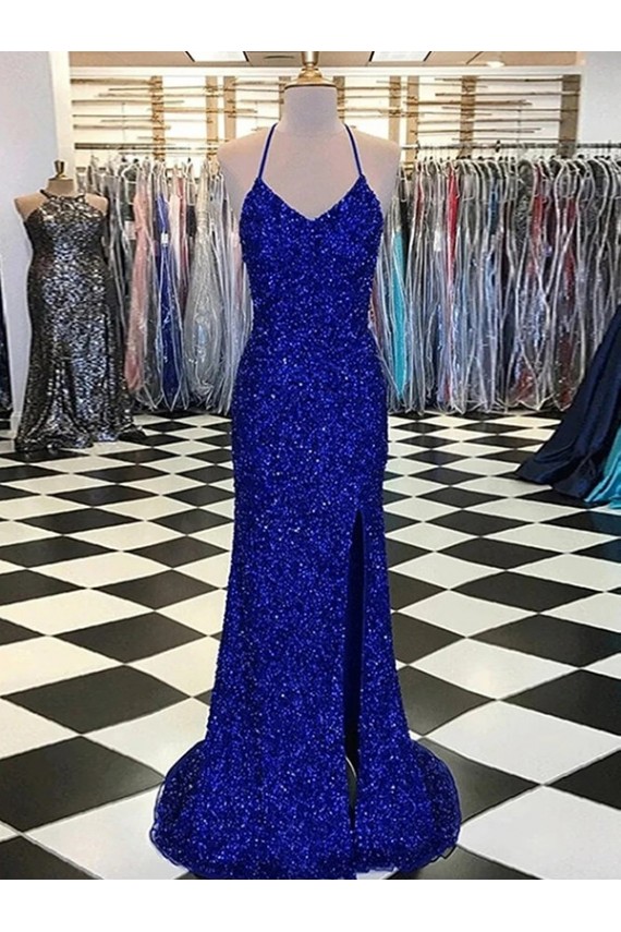 Discount Sleeveless Royal Blue Sweep Train Sheath V-Neck Velvet Sequin Prom Dress Canada