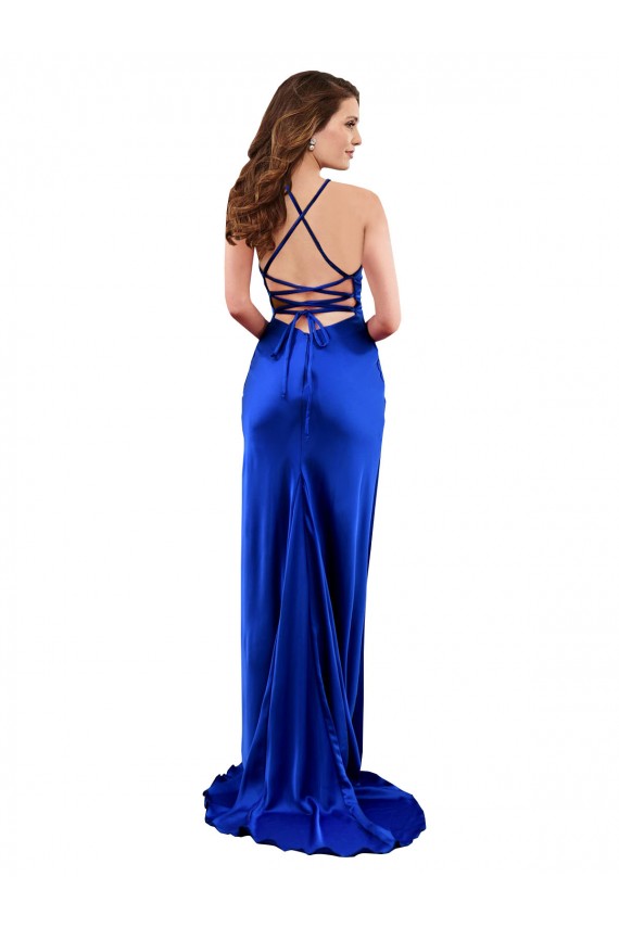 Discount Sleeveless Royal Blue Criss Cross Open Back Sheath Cowl Neck Prom Dress Canada