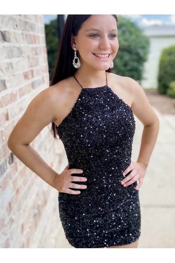 Discount Sleeveless Black Sheath Halter Neck Velvet Sequin Prom Dress Canada