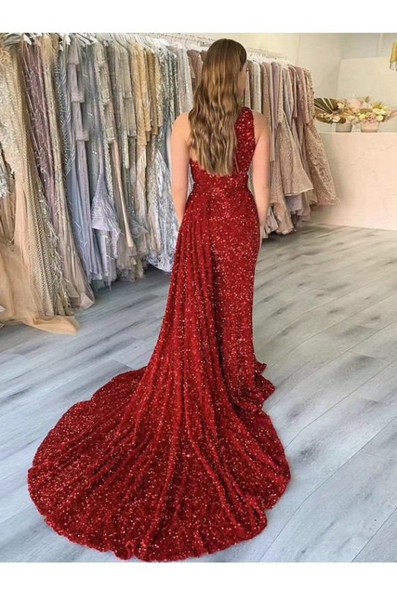 Discount Sleeveless Burgundy Sheath One Shoulder Velvet Sequin Prom Dress Canada