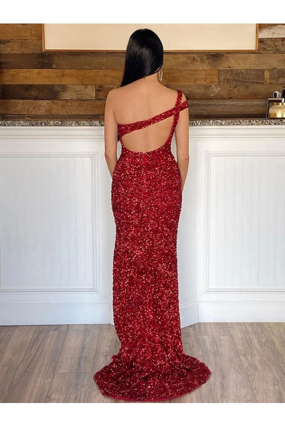 Discount Sleeveless Burgundy Sheath Velvet Sequin One Shoulder Prom Dress Canada