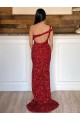 Discount Sleeveless Burgundy Sheath Velvet Sequin One Shoulder Prom Dress Canada