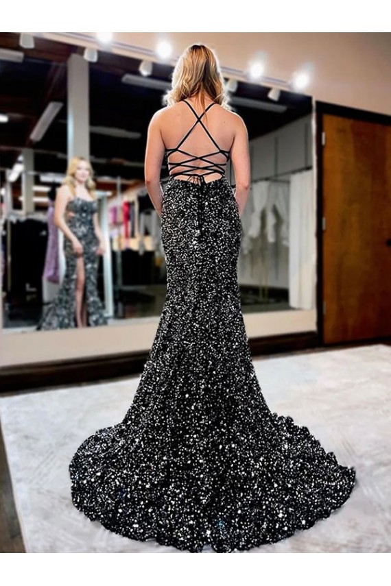 Discount Sleeveless Sheath Spaghetti Straps Velvet Sequin Prom Dress Canada