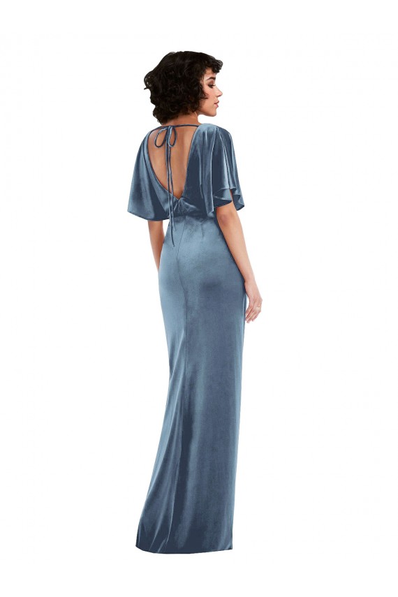 Discount Flutter Sleeves Dusty Blue Open Back Sheath Prom Dress Canada