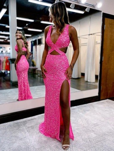 Discount Sleeveless Sheath Velvet Sequin V-Neck Prom Dress Canada