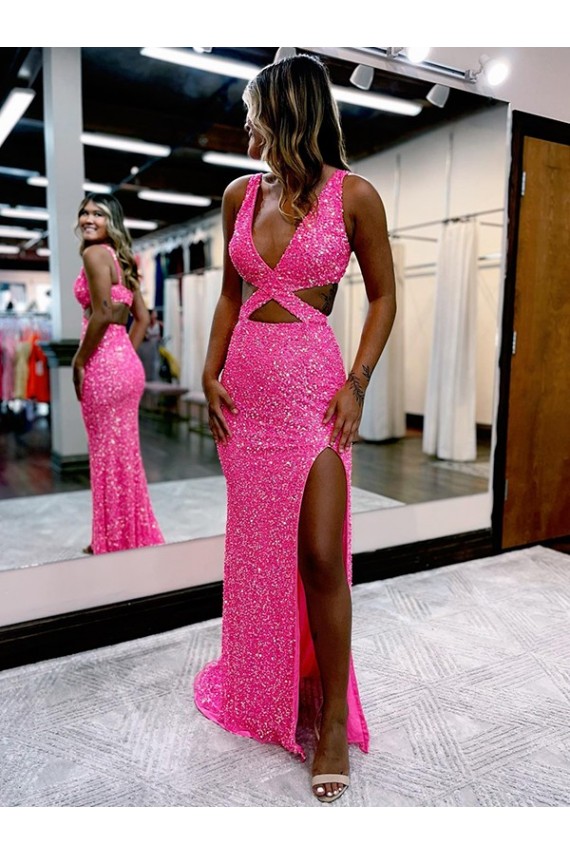 Discount Sleeveless Sheath Velvet Sequin V-Neck Prom Dress Canada