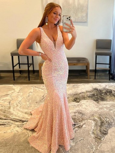 Discount Sleeveless Sweep Train Sheath V-Neck Velvet Sequin Prom Dress Canada