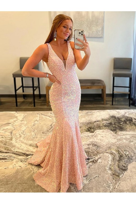 Discount Sleeveless Sweep Train Sheath V-Neck Velvet Sequin Prom Dress Canada
