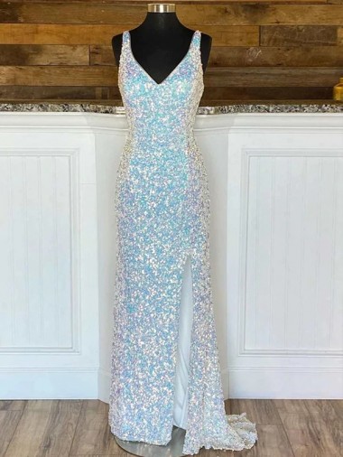 Discount Sleeveless Sweep Train V-Neck Velvet Sequin Prom Dress Canada