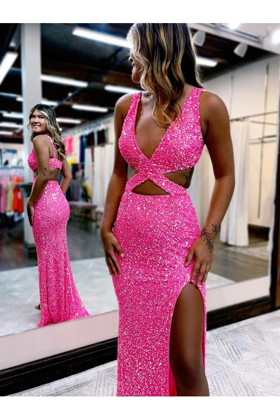 Discount Sleeveless Sheath Velvet Sequin V-Neck Prom Dress Canada