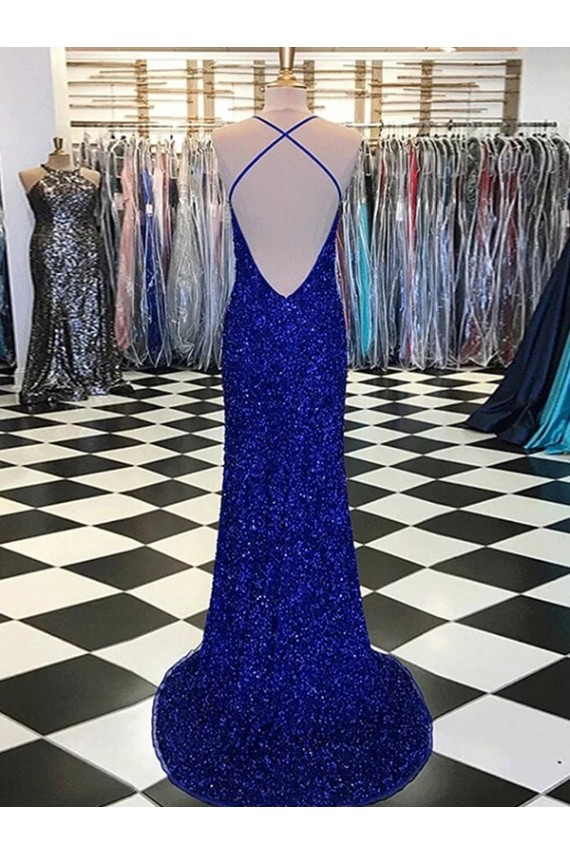 Discount Sleeveless Royal Blue Sweep Train Sheath V-Neck Velvet Sequin Prom Dress Canada