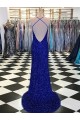 Discount Sleeveless Royal Blue Sweep Train Sheath V-Neck Velvet Sequin Prom Dress Canada