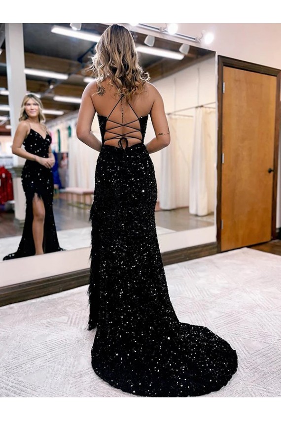 Discount Sleeveless Royal Blue High Side Slit Sheath V-Neck Velvet Sequin Prom Dress Canada