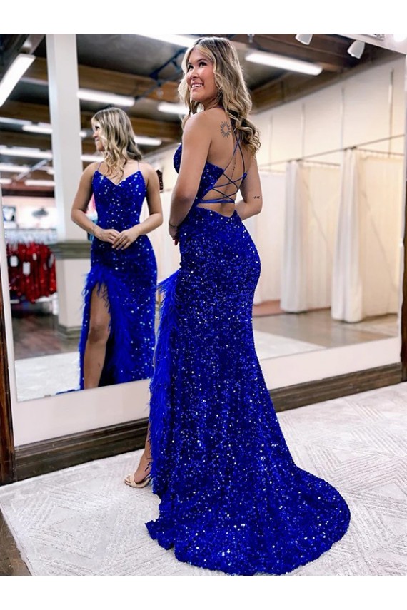 Discount Sleeveless Royal Blue High Side Slit Sheath V-Neck Velvet Sequin Prom Dress Canada
