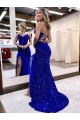 Discount Sleeveless Royal Blue High Side Slit Sheath V-Neck Velvet Sequin Prom Dress Canada