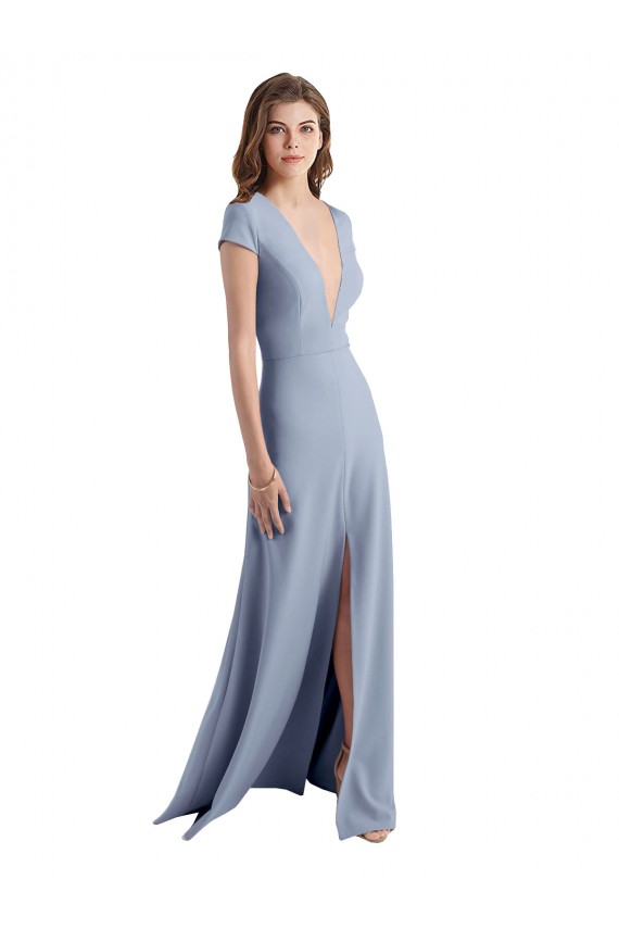 Discount Cap Sleeves Smoke Blue Sheath V-Neck Prom Dress Canada