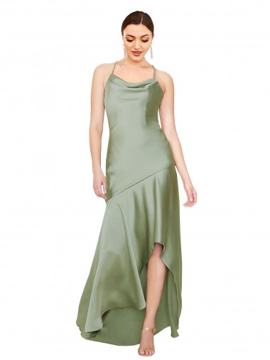 Discount Sleeveless Smoke Green Criss Cross Open Back A-Line Cowl Neck High Low Prom Dress Canada