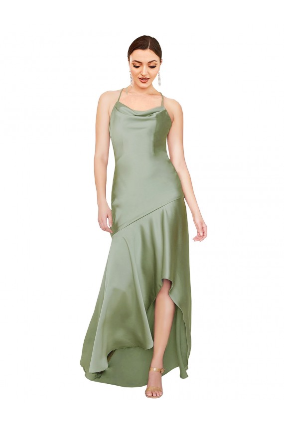 Discount Sleeveless Smoke Green Criss Cross Open Back A-Line Cowl Neck High Low Prom Dress Canada